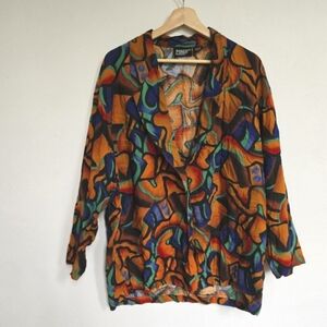 Vintage Pioko Abstract Print Rayon Blazer Jacket Women’s Large 2 Button